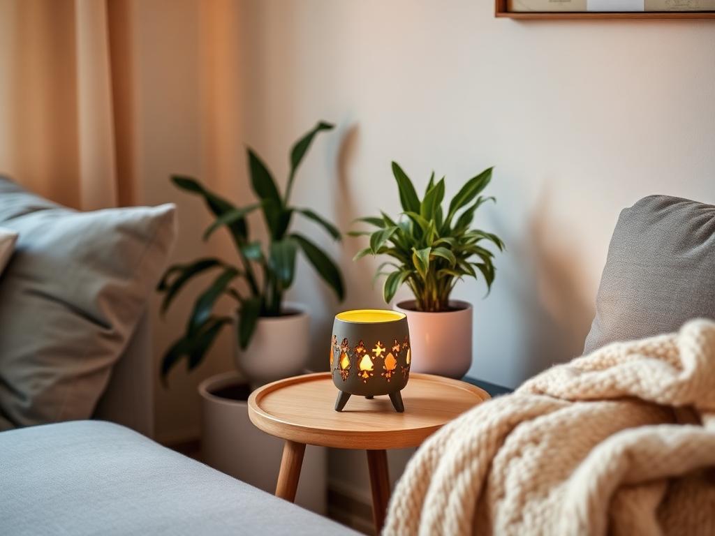 Cosy living room with a wax warmer glowing on a side table